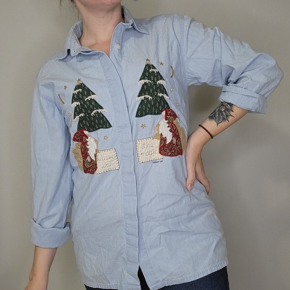 Valorie's Folk Art Applique Christmas Tree Button Up Shirt